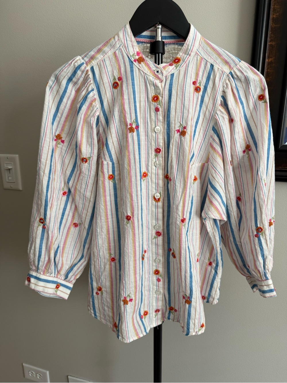 Pilcro White Striped Button-Down with Multicolor Embroidery